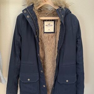 Hollister Navy Parka with Faux Fur Lining